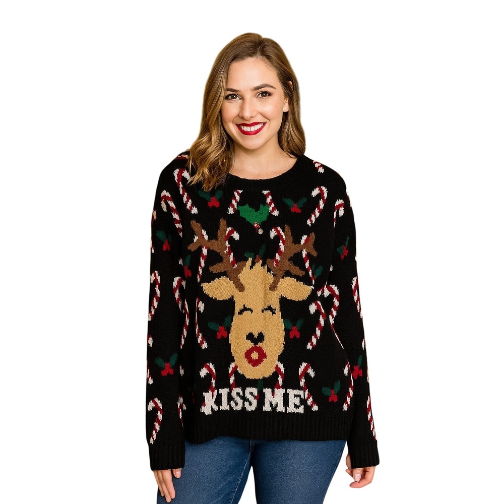 Love by‎ Design Christmas Sweater Women's Small Reindeer Kiss Me Candy Cane